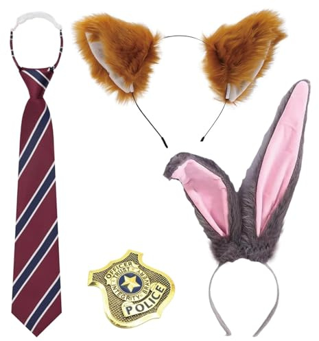 MmotZsb 4 Stück Fuchs-Kostüm-Zubehör-Set, Hase Fuchs Kostüm mit Hasenohren Haarreif und Fuchsohren, Stirnband und Abzeichen, für Halloween-Partys, Karneval und Rollenspiele
