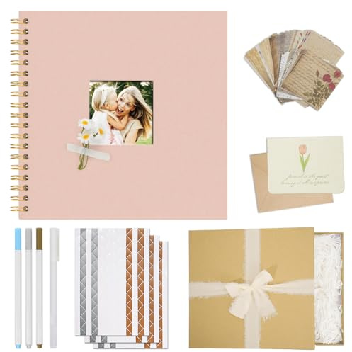 Vienrose Álbum de Scrapbook DIY Kit Completo 25,5 x 25,5 cm con Tapa de Lino, 40 Páginas Blancas y Accesorios Decorativos, Regalo para Bodas, Nacimiento, Viajes, Cumpleaños, Navidad, Rosa