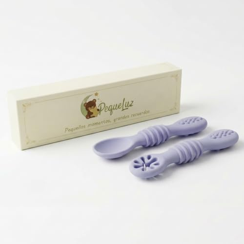 PequeLuz Baby Löffel BLW 2er Set aus LFGB Silikon BPA-frei | Lernlöffel & Esslernlöffel ab 6 Monate | Anti-Verschluck-Schutz | Babybesteck für Beikost & Selbstfütterung (Lila)
