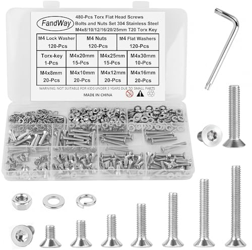 M4 Torx Schrauben Set,480 Stück Edelstahl 304 Torx Senkkopfschrauben Gewindeschrauben,Flachkopfschrauben Maschinenschrauben Muttern und Unterlegscheiben Sortiment mit T20 Bits.