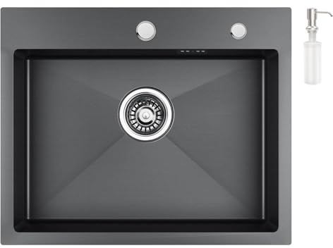 CECIPA Lavello Cucina 1 Vasca 55 x 45cm, Lavandino Cucina Nero Antracite, Lavello in Acciaio Inox quadrato, Montaggio Incasso o Superiore, con Sifone no Dispenser Sapone