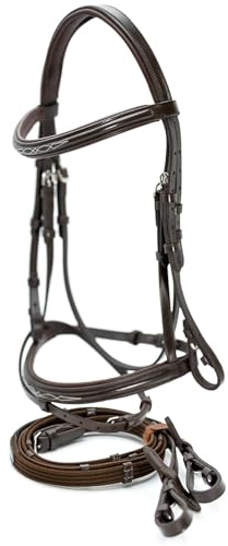 Jeffers Uniquely English Kentucky Leather Jumping Bridle with Web Reins for Horses, Full Size - Fancy Stitched Padded Noseband & Browband, Mono Crown, Flash Strap, Hook Stud Bit Ends, Equestrian Tack