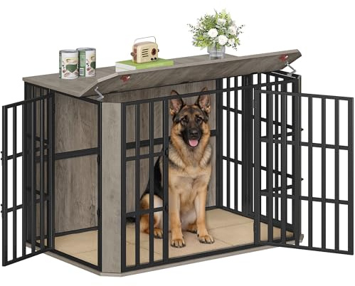 Hzuaneri Hundekäfig Möbel, Hundebox Möbel, Mehrtür-Design, Hell Elfenbein | Hundebox aus Holz für den Innenbereich mit Futtertür Oben, Großer Hundekäfig-Beistelltisch, 120 x 75 x 81 cm, DFC86805B