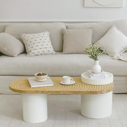 Cagnolier Couchtisch Holz Oval, Modern Großer Coffee Table, ø110×50×43cm | Couchtisch Form eines Jahresrades,runden Beinen Wohnzimmertisch,Massivholzfurnier,Wasserfester Tischplatte,fur Wohnzimmer