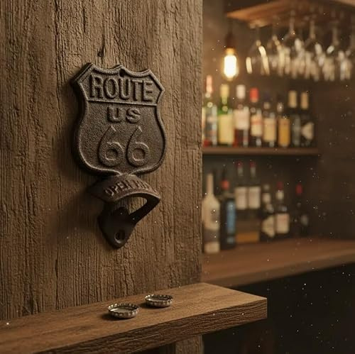 Route 66 Décapsuleur mural en fonte, décoration de bar américaine, ouvre-bière rustique pour bar à domicile, grotte et garage, 16,8 cm