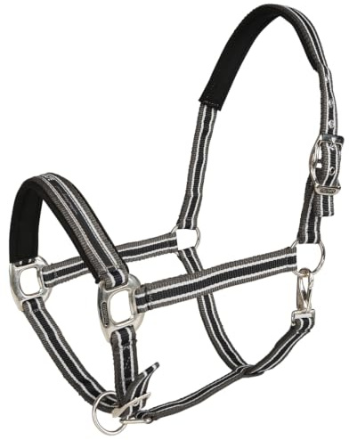 Equinate Halfter Oakley Warmblut Grau-Schwarz doppelt verstellbar mit Polsterung - Ergonomisches Stallhalfter mit weichem Nacken und Nasenbereich - Pflegeleichtes Weidehalfter
