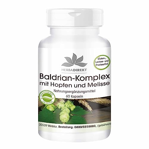 Baldrian-Extrakt Plus mit Hopfen und Melisse - 60 Kapseln - vegan | HERBADIREKT by Warnke Vitalstoffe - Deutsche Apothekenqualität
