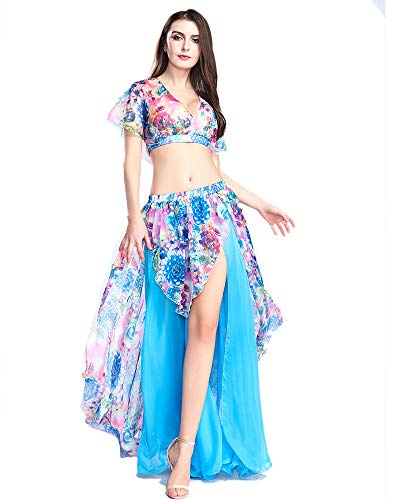 ROYAL SMEELA Bauchtanz Rock Bauchtanz Oberteil Anzug Sexy Bauchtanz kostüm Damen Performance Kleider Blumen Chiffon Tanzen Tops Röcke Tanz Outfit Set für Frauen Tanzkostüm Röcke Oberteil Tanzanzug