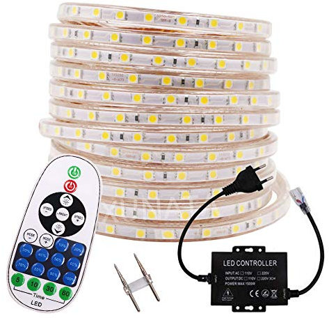 XUNATA 7M 220V 230V Dimmbar 5050 SMD 60leds / m IP67 Wasserdicht Warmweiß Flexibles LED Lichtschlauch mit 23 Key Fernbedienung für Küche Stairway Home Weihnachten Party Deko (Warmweiß, 7m)