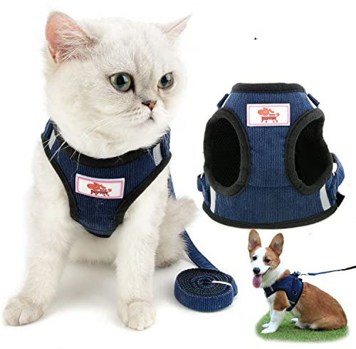 Zunea Katzengeschirr mit Leine ausbruchsicher, kein Ziehen, verstellbar reflektierend mit weichem Netzstoff gepolstert Cord-Weste Geschirr für Kitten, Katzen, Welpen, kleine Hunde Blau S