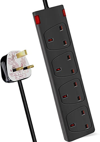 ExtraStar 4 Way Extension Lead 2M in Black, 13A Fused Power Strips 3120W UK Plug with Indicator Light, Wall Mounted Mains Extension Cord with Multi Sockets for Home,Office,Dorm