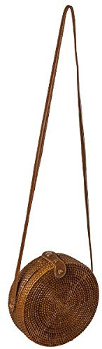 LA FIORE 24 Damen Umhängetasche Rattan Schultertasche Korbtasche Bali Ibiza Rund gross Braun