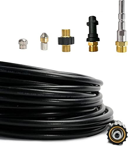 M&M Smartek Rohrreinigungsschlauch 100m, 6-teilig für Profi-Geräte | Set mit M22-, Bajonett- und KEW-Adapter sowie 2 Düsen; geeignet für verschiedene Profi- und Hobby-Hochdruckreiniger.