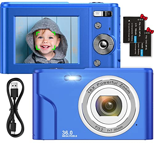 Appareil Photo Numérique Compact 1080P Mini Video Camera 2,4 Pouces 36MP HD LCD Rechargeables Vlogging Appareil Photo avec 16X Digital Zoom, Cadeau pour Adolescents,Enfants,Débutants,Adultes (Bleu)