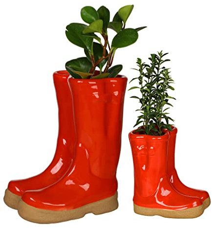 Dibor Set of 2 Flower Pot Planters - Small & Large Wellington Boot (Red) | Ceramic, Wellington Boot Planter, Plant Pot, Flower Pot, Planter, Drainage Hole, Removable Stopper