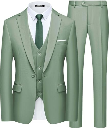 WULFUL Herren Slim Fit Anzug EIN-Knopf 3-teiliges Blazer Kleid Business Hochzeit Party Jacke Weste & Hose, lichtgrün, L