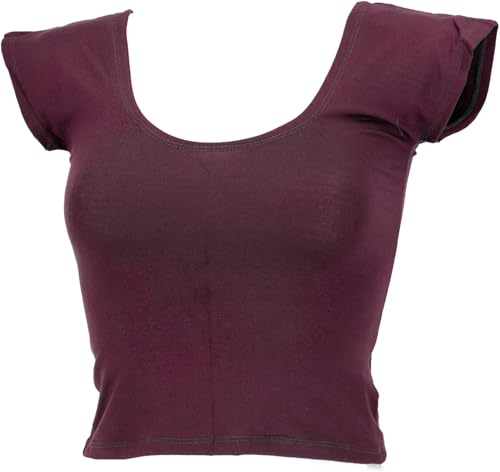 GURU SHOP Bauchfreies Goa Psytrance Pixi Shirt, Choli Top - Weinrot, Damen, Size:L