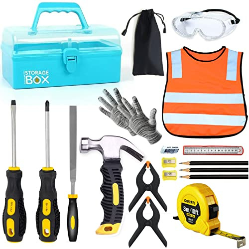 QeeHeng Strumenti Reali per Bambini - 20 Pezzi Strumenti di Costruzione con Valigia Attrezzi Blu e Indumenti Protettivi Set di Attrezzi per la Lavorazione del Legno per Principianti Regalo Educativo