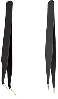 Lot de 2 pinces à épiler droites incurvées en acier inoxydable pour extensions de cils autocollants à ongles strass sélecteurs de cils acrylique gel ongles bricolage art