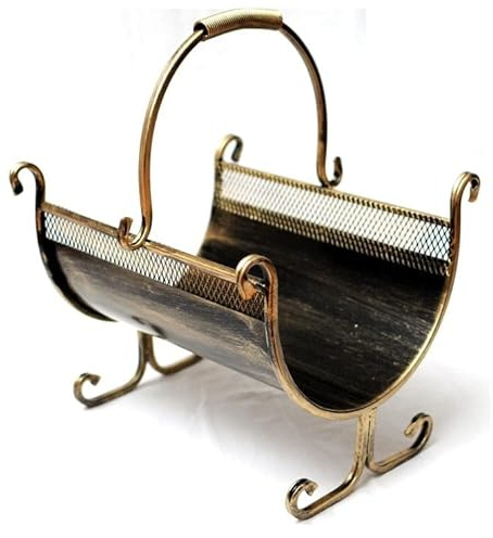 Dixiestore Kaminholzkorb | Holzkorb aus Metall für Kaminholz 1125 Kaminholzständer | Solider und effektvoller Metallkorb für Aufbewahrung von Kaminholz, Gold