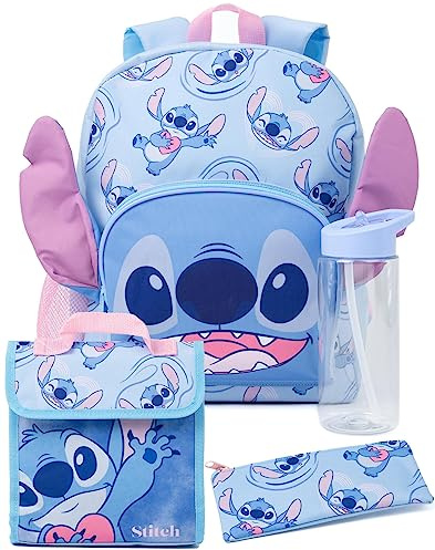 Disney Lilo and Stitch 4 Piece Backpack Girls | Niños Niños Personaje Alienígena Orejas 3D Mochila Bolsa de Almuerzo Estuche de lápices y Botella de Agua | Regalos de Mochila para el Regreso a Clases