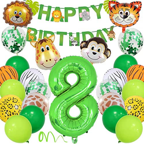 8 Geburtstag Deko Junge Mädchen, Wilde Waldtiere Dschungel Kindergeburtstag Deko 8. Jahr mit Safari Tier Luftballons, Happy Birthday Banner Zahlen Ballon 8 für Kinder Wild Geburtstagdeko