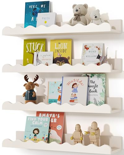 Juego de 4 estanterías para niños, estantes flotantes Blancos para Libros de guardería, Estante de Fotos para decoración de Pared y Almacenamiento, Libros, Juguetes, Marcos de Fotos y