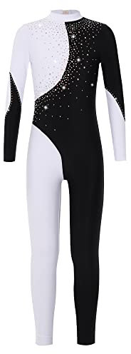 Doomiva Turnanzug Mädchen Kinder Gymnastikanzug Einteiler Overall Sportbody Mit Strass Tanzanzug Glitzer Tanzkostüm Schwarz + Weiß 170-176