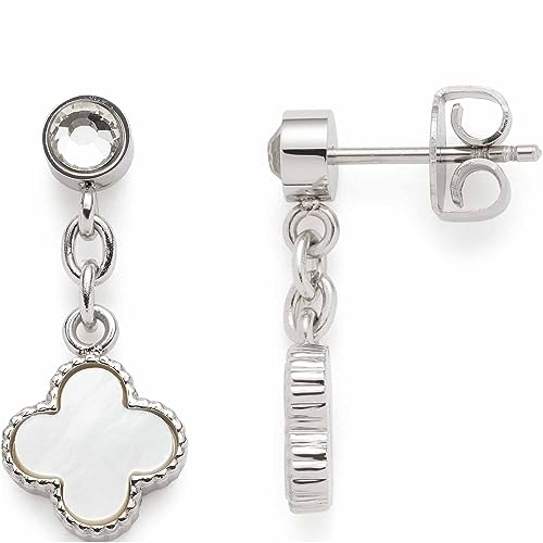 JEWELS BY LEONARDO Ohrstecker Minelli 1 Paar • Ohr-Hänger aus silberfarbenem Edelstahl • klarer Glaskristall • baumelndes Kleeblatt mit Perlmutt • Schmuck Geschenk für Frauen • 023196