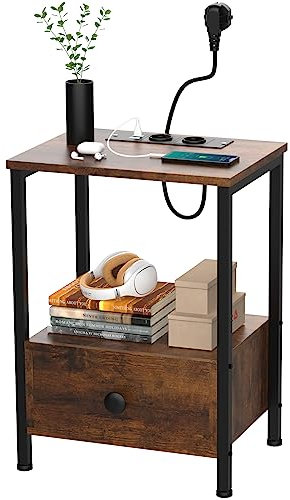 VIVOLILV Tables de Chevet, Table Basse avec Prise et Port USB Table d'Appoint en Bois Style Indistriel Pied en Métal Hauteur Réglable 1 Tiroirs 2 Compartiment Ouvert pour Chambre Salon (Style 5)