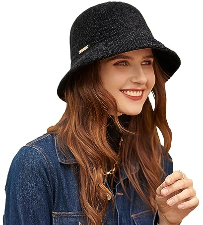 SJTJSPX Fischerhüte Warme Wintermütze Damen Mädchen Glockenhut Kuppel Strickmütze Verdickt Bucket Hat Mode Elegant Damenmütze Outdoor Herbst Filzhut Freizeit Faltbar Wollhut für Reisen Kirche