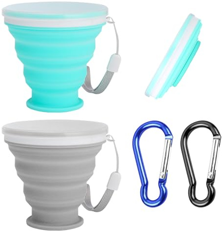 Faltbare Wasserbecher aus Silikon 2 Stück mit Karabinern 2 Stück, tragbare Wasserflasche mit Deckel, Reisebecher, Teleskop-Reisebecher, Campingbecher, für Camping, Reisen usw