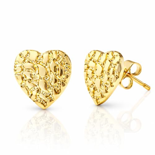 Heart Stud Earrings Gold nugget Earring Gold Heart Earrings 925 Sterling Silver,18K Gold Plated Best Earring for Sensitive Ears Unisex Rough Textured Gleaming Gifts Choice (S)