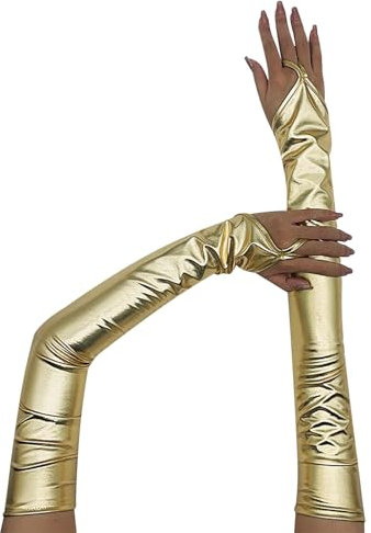 renvena Damen Metallic Handschuhe Lange Handstuplen Fingerlos mit Schlaufe Glänzend Abendhandschuhe Fasching Karneval Zubehör Gold One Size