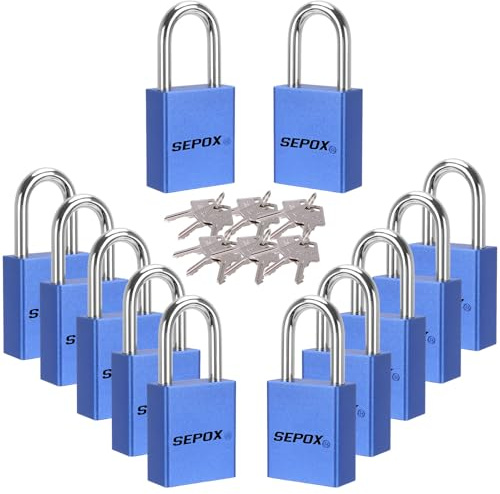 SEPOX® 12Pack Aluminum Padlock Long Shackle Anti-Rust 256Hr Salt Spray Test | Keyed Alike for Lockout Gate Shed Fence Gym Cabinet Blue Lock 1-1/2 Lightweight Non-Sparking, Corrosion Resistant Rustproof