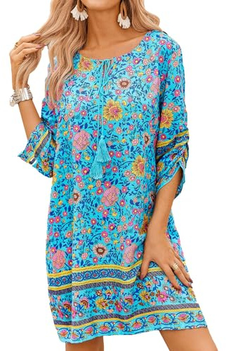 CCAIPU Femme Robe d'été Bohème Fleurie Manches 3/4 Robe Courte Tops Tunique Vintage (FR/ES, Alpha/Lettres, TG, Taille Normale, Taille Normale, Bleu)