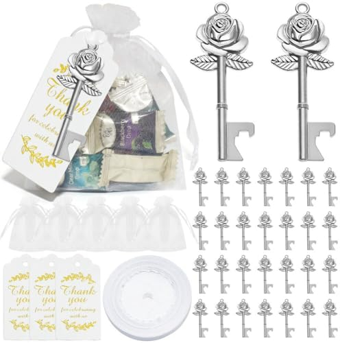 iSpchen 50 pezzi scheletro portachiavi apribottiglie vintage rose matrimonio portachiavi apribottiglie con biglietti di carta e sacchetti regalo per matrimonio compleanno festa regali