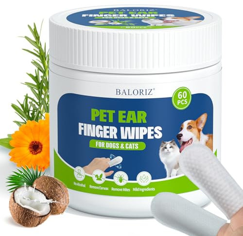 BALORIZ Dog Ear Cleaner Wipes, Dog Ear Wipes Finger for Dogs & Cats, Gently Remove Ear Wax, Sooth & Deodorize, Relieve Ear Itching, Pet Supplies Easy to Use Fresh Coconut Scent (Ears Wipes-60)