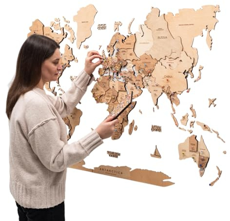 Enjoy The Wood Mapa Mundial de Madera 3D Arte de Pared Gran Decoración de Pared para Regalo de Inauguración de Casa Idea de Regalo de Inauguración de Casa (S, Light)