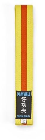 Playwell Cinturón de algodón para artes marciales con rayas de varios colores, cinturón de graduación (karate, judo taekwondo), Cinturón amarillo con rayas naranjas, 250cm