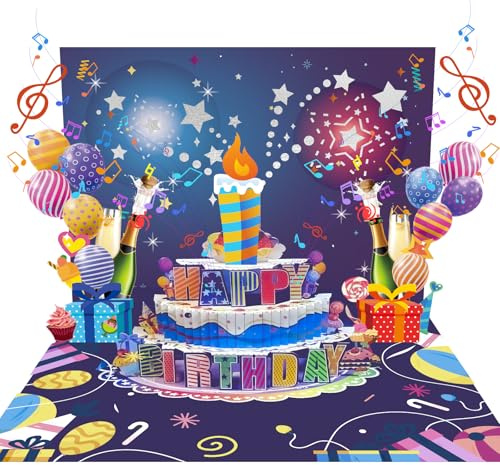 Carte Anniversaire Musicale 3D Carte Pop Up Anniversaire Carte d'anniversaire Femme Homme Fille Garcon avec Bougie Soufflante et Lumière LED Carte Birthday Card pour Tous Les âges