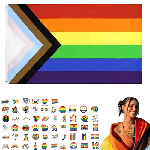 Drapeau arc en ciel drapeau Fierté Progressif Drapeaux (A-Progress Pride Flag+Sticker) Drapeau LGBT de Fierté Gay et Transgenre 150x90cm Autocollants Arc-en-ciel pour