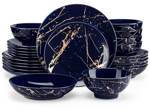 LOVECASA Daphne - Assiettes Service de Table 6 Personnes, Vaisselle Complète Moderne en Porcelaine, 24 Pièces (Assiettes Plates, à Dessert, Bols à Céréales, à Pâtes) - Design Bleu Marine & Doré