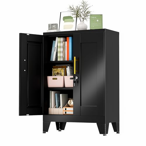 GAIOUS 36 Black Metal Storage Cabinet with Lock, Locking Cabinet with 2 Doors and 2 Adjustable Shelves, Bathroom Floor Cabinets, Freestanding Locked File Cabinets for Home/Office/Garage