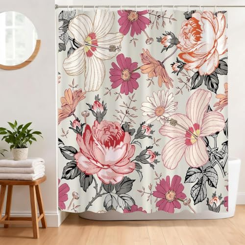 BREASOME Duschvorhang 180x180 cm Anti-Schimmel Duschvorhang Rosa Blumen Stoff Polyester Wasserdicht Badewanne Vorhang mit Ösen und 12 Haken