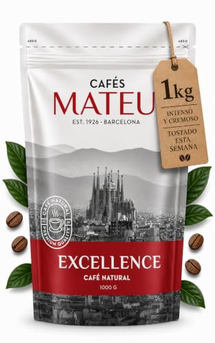 Cafés Mateu Café Molido Grueso 1kg Excellence Blend Arábica-Robusta Cremoso e Intenso Tueste Artesanal Semanal para Espresso y Cafetera Italiana Paquete de 1kg