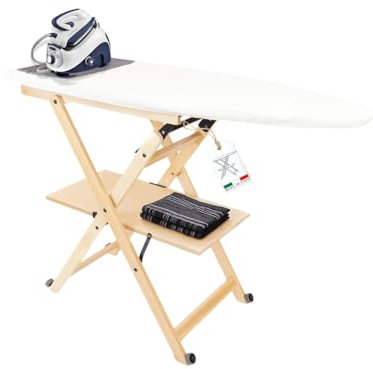 MOHOME Asse da Stiro Legno Faggio Naturale Pieghevole Salvaspazio Tappetino Silicone Portacaldaia Rotelle Trasportabili Dimensioni 123 x 89 x 48 cm Made in Italy Con Set 3 Grucce in Omaggio