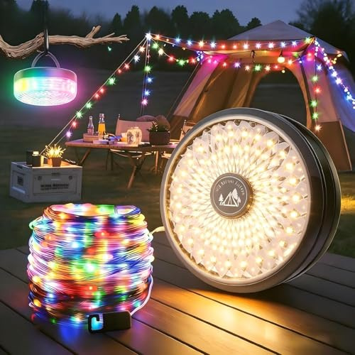 Dengfire Camping Lichterkette Aufrollbar 10M, 4-in-1 Tragbare Wiederaufladbare Lichterkette Außen mit 13 Beleuchtungsmodi, Dimmbar, 4000 mAh Campinglampe Taschenlampe für Zelt Wander Party
