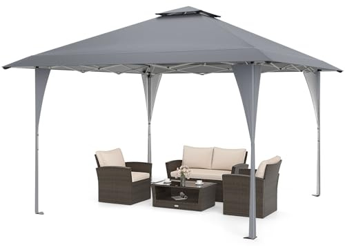 COSTWAY Pop Up paviljong 4 x 4 m, trädgårdspaviljong justerbar höjd med dubbelt tak och metallram, vattentät och stabil, vikbar paviljong inkl. bärväska, trädgårdstält för terrass, trädgård (grå)