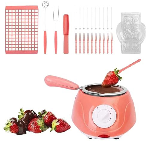 Chocolate Melting Pot, Electric Plastic Hot Chocolate Fondue Set, Dipping Pot with Chocolate Mold Trays & Dipping Forks, Chocolate Marshmallow Warming Fondue Set for Candy Melting (EU Standard-Pink)